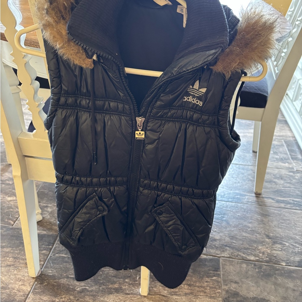Adidas Black Puffer Vest with Fur Trim